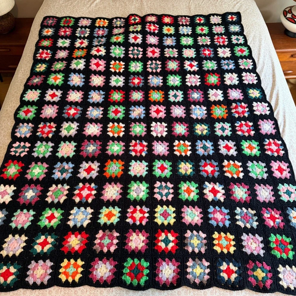 Vintage Handmade Crochet Granny Square Blanket Multi Color Black Afghan 62x50